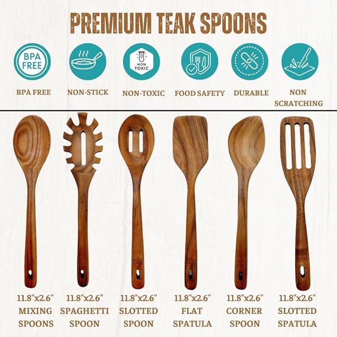 Wooden Utensils for Cooking, Premium Teak Healthy Spoons, Wooden Spoons for Cooking, Durable Eco-Friendly and Safe Teak Cooking Spoon, Cooking Gifts for Mom (set of 6) and Hooks
