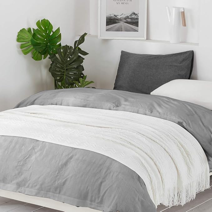 BOURINA Off White Throw Blanket 60x80 Inches Throw Textured Solid Soft Sofa Throw Couch Knitted Decorative Blanket