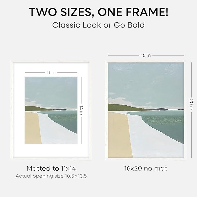 Homeforia 16x20 White Picture Frame, High End Oak 16x20 White Wood Frame with Mat 11x14 Photo, 16 x 20 Wooden Poster Frames Matted to 11 by 14, 20x16 Hanging Frames, Tempered Glass, Wall Kit, Set of 1