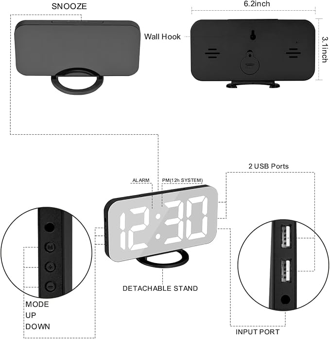 SZELAM LED RGB Digital Alarm Clock,with 11 Color Modes Display,Mirror Surface,Dual USB Charger Ports,Modern Desk Clocks for Bedroom Home Office Decor- Black
