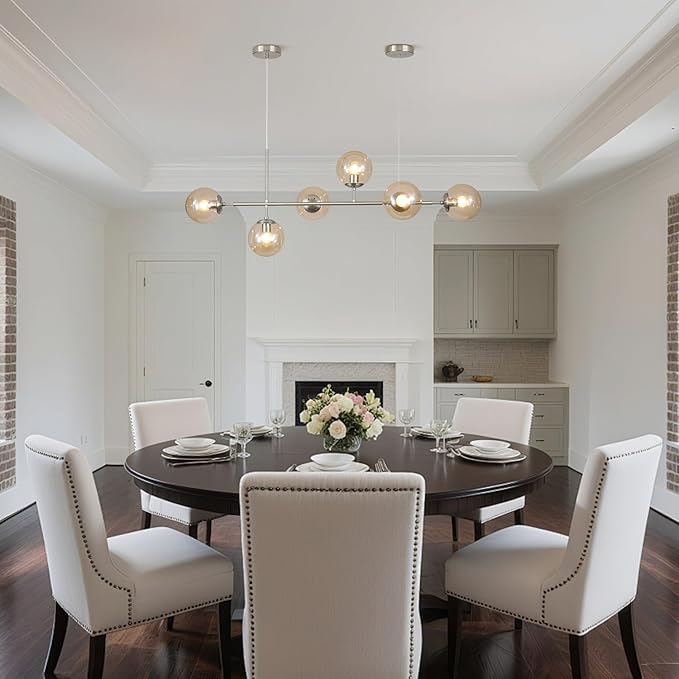 KCO Lighting Mid Century Modern Rectangle Light Fixture 6-Light Glass Globe Linear Chandelier Brushed Nickel Pendant Light Fixture Adjustable Kitchen Island Lighting (Silver+Amber)