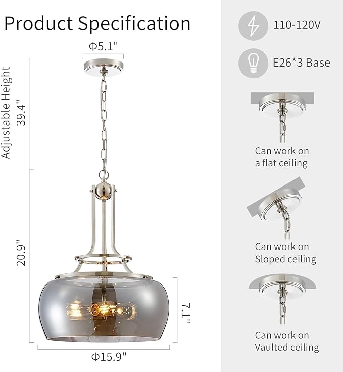 WUZUPS Nickel Chandelier Rustic Farmhouse Industrial Round Ceiling Pendant LED Light Fixture Electroplated Gray Glass Shade for Dining Room Kitchen Island Foyer Entryway, H 20.9" W 15.9", E26 Base