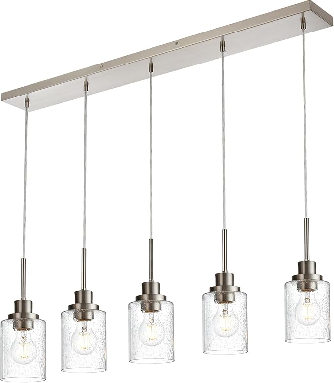 Lighting Contemporary Brushed Nickel Linear Chandelier Pendant Light 5 Lights Clear Seeded Glass Farmhouse Pendant Lighting Modern Dining Room Light Fixture for Living Room Kitchen Island