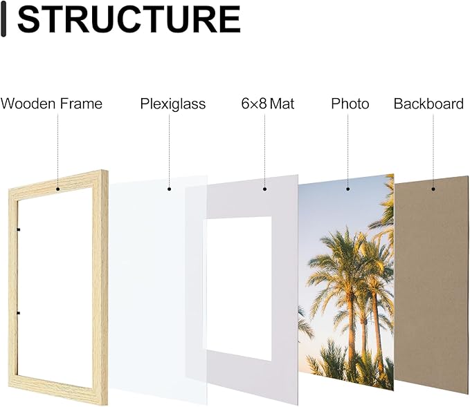 Vittanly 8x12 Picture Frames Set of 9, Shatter Resistant Plexiglass, Display 6x8 Pictures with Mat or 8x12 without Mat, Photo Frames for Wall or Tabletop, Engineered Wood, OAK