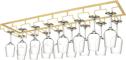 Xverycan Wine Glass Rack Under Cabinet, 8 Row Extreme Large Stemware Hanger, Metal Wine Goblet Holder, DIY Bar Glass Storage Rack for Bar Counter, Kitchen, Screws Included (Gold)
