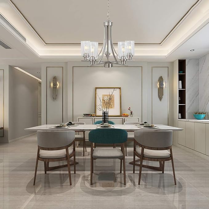 BONLICHT Traditional Chandelier Lighting 5 Light Brushed Nickel Modern Light Fixtures Hanging Pendant Lighting with Clear Glass Shade Classic Ceiling Lights for Kitchen Dining Room Living Room Island