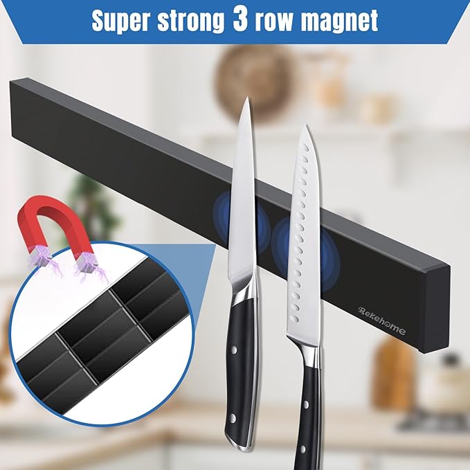 Magnetic Knife Holder for Wall 20 Inch, No Drilling black knife magnetic strip with 4 Hooks, Strong Magnet Knife Holder strip, Magnetic Knife Rack Bar for Kitchen Knives and Tools