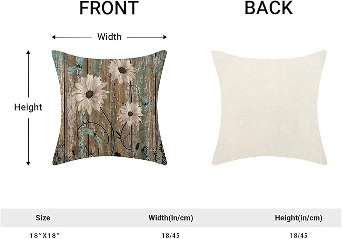 CXMEIFLY Spring Floral Pillow Covers 18 x 18 Inch Set of 2 for Brown Wood Texture Daisy Flowers Decor Throw Pillows Dragonfly Plant Floral Outdoor Decorative Cushion Cases for Couch Bed Decorations