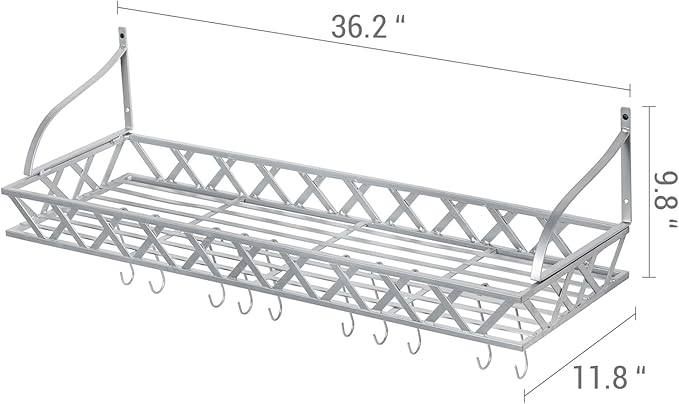 MyGift Wall Mounted Silver-Tone Metal Hanging Kitchen Pots, Pans and Utensils Storage Cookware Rack with 12 Removable S-Hooks and Top Display Shelf for Condiments Spice Rack