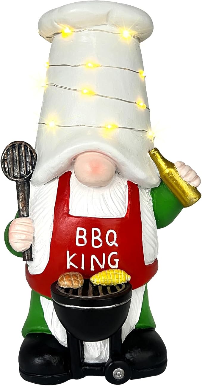 BAYN Garden Gnome Statues Outdoor Decor, Solar Powered Outdoor Gnome with BBQ Grill Decorative Yard Garden Lights Art Gifts with 11 Warm White LEDs