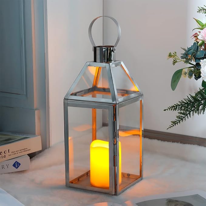 JHY Design Silver Decorative Lanterns 16inch High Stainless Steel Candle Lanterns with Tempered Glass for Indoor Outdoor Events Parities and Weddings