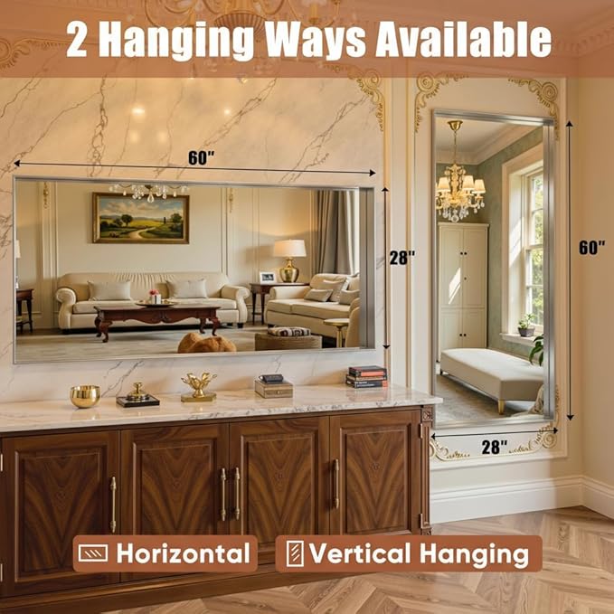 60"x28" Silver Framed Bathroom Mirror, Large Rectangular Vanity Mirror, Aluminum Metal Frame, Wall Farmhouse Modern Wall-Mounted Mirrors for Bathroom, Bedroom, Living Room, Over Sink