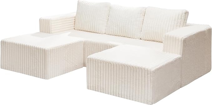 Hobestluk Modular Sectional Sofa Memory Foam Couch Oversized Sectional Sofa 3-Seater with Chaises Cloud Couch with Removable Cover U Shaped Sofa for Living Room (Strip White, U Shape)