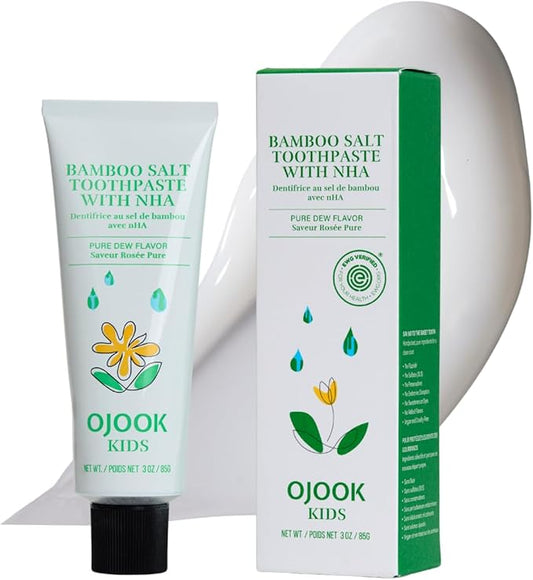 Kids Fluoride Free Bamboo Salt Toothpaste with nHA - Pure Dew | Nano Hydroxyapatite, Remineralizing, Strengthening Enamel for First Teeth, Safe to Swallow (3oz)