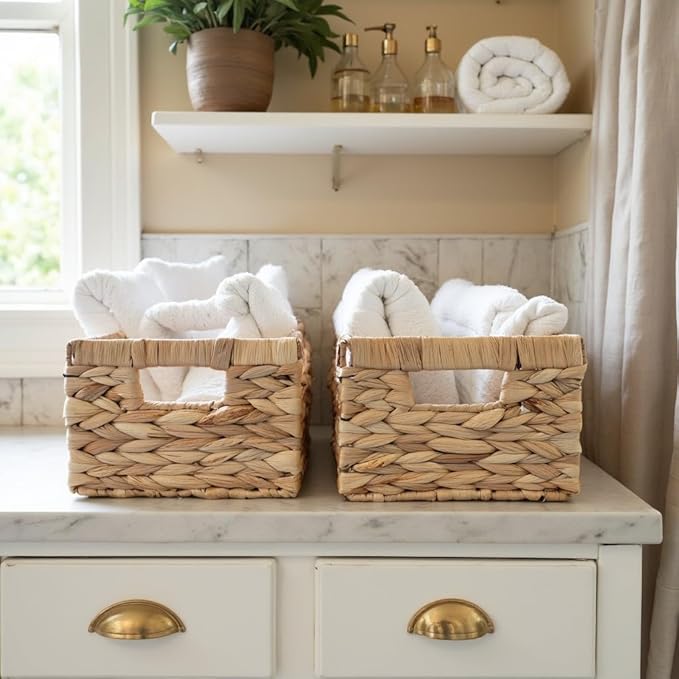 Woven Basket For Shelves, Baskets for Organizing, Wicker Storage Basket with Built-in Handles, Natural Baskets for Toys, Kitchen Storage (Medium 2-Pack, Natural Water Hyacinth)