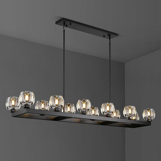 59 Inch Black Rectangle Wagon Wheel Chandeliers, Black Chandelier for Dining Room Over Table, Modern Crystal Long Chandelier, Farmhouse Large Linear Chandeliers for Kitchen Island