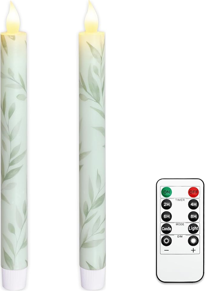 Willow Leaf Flameless Taper Candles with Remote & Timer Real Wax LED Taper Candles Flickering Candlesticks Battery Operated Candle for Home Wedding Party Summer Fall Christmas Decor 2 Pack 9.6"