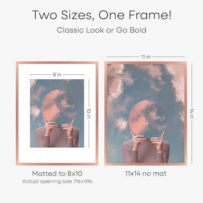 Homeforia 11x14 Picture Frame Rose Gold, High End Metal 11x14 Wall Hanging Frame with Mat 8x10, 11 x 14 Poster Frame Matted to 8 x 10 inch Photo, 11by14 Thin Frames, Tempered Glass, Wall Kit, Set of 1