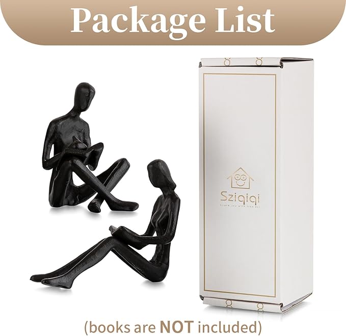 Sziqiqi Book Ends for Shelves Decorative - Cast Iron Bookends for Books Reading Couple Bookshelf Decorative Objects Metal Modern Statue Sculpture Gift for Readers Book Lovers Nerd