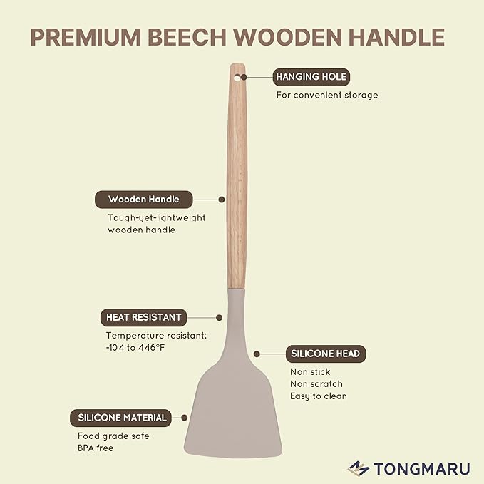 Silicone Cooking Utensils Set, Premium Beech Wood Handle Kitchen Gadgets Utensil Set, Non-Stick Kitchen Utensils Spatula, Tongs, Turner, Whisk, Brush, Spoon, BPA FREE, 446°F Resistant (Khaki)