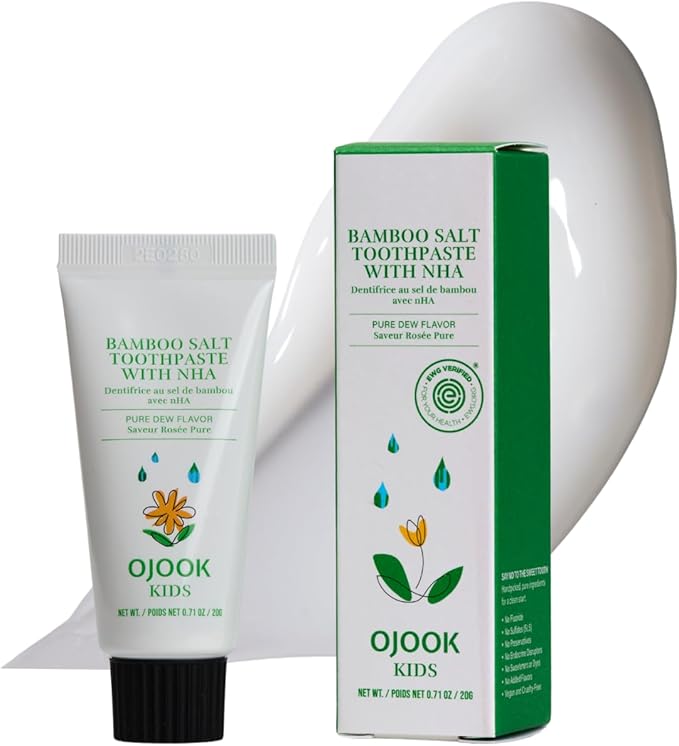 Kids Fluoride Free Bamboo Salt Toothpaste with nHA - Pure Dew | Nano Hydroxyapatite, Remineralizing, Strengthening Enamel for First Teeth, Safe to Swallow (0.7oz)