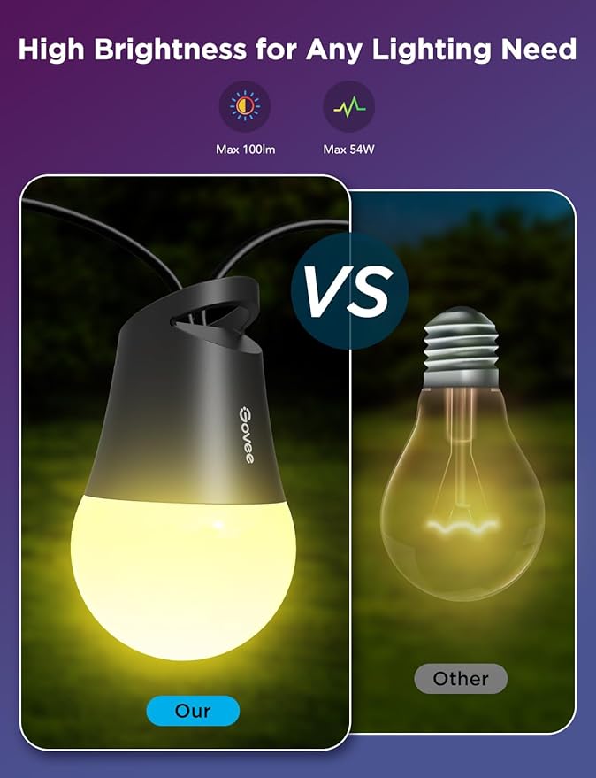 Govee Smart Outdoor String Lights 2, 48ft Outdoor Lights with Dimmable Warm White LED Bulbs, 47 Scene Modes for Patio, Backyard, Balcony, IP65 Waterproof, Works with Alexa, App Control