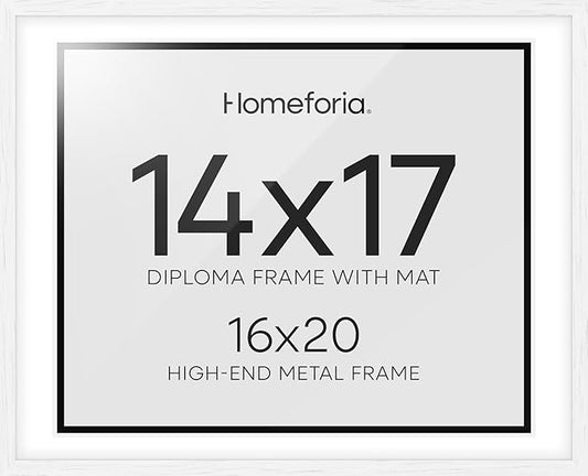 Homeforia 16x20 Diploma White Frame, High End Oak 16 x 20 Certificate Wood Frames with Mat 14 by 17 inch, 20x16 Document Frame Matted to 14x17, Wooden Degree Frames, Tempered Glass, Wall Kit, Set of 1