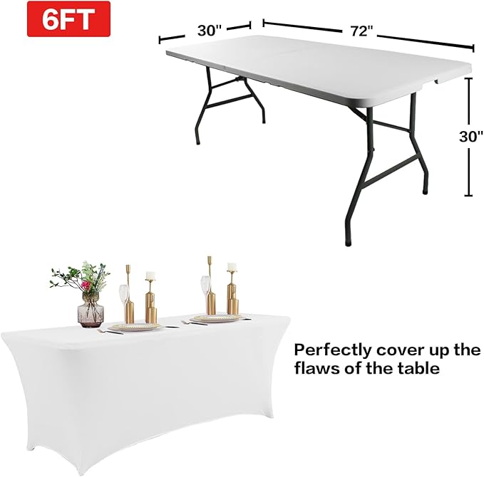 IVAPUPU 6FT Spring Table Cloth for Rectangular Fitted Events Stretch White Table Covers Washable Spandex Tablecloth Protector for Party, Wedding, Cocktail, Banquet, Festival