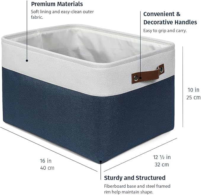 OrganiHaus Extra Large Fabric Storage Bins for Shelves 16x13in, Closet Storage Baskets for Shelf Organizing, Canvas Rectangle Bins for Organization, Linnen Baskets for Organizing - Navy Blue/White