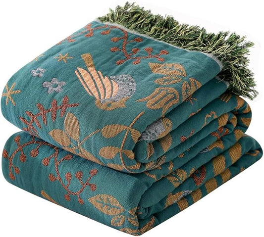 Boho Throw Blanket for Bed 90”x98”, 100% Cotton Woven Blanket for Couch Sofa, Ultra Soft 4-Layer Muslin Quilt with Bird Floral Printed, Farmhouse Bed Blanket/Cover for Living Room Decor