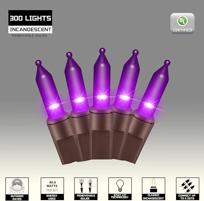 300LIGHTS(2*150L) PURPLE Extra-Bright With End Connectors Halloween Decorative Lights 19.44m UL Certified Mini String Light Set Waterproof for Halloween Home Garden Christmas Tree Party Patio