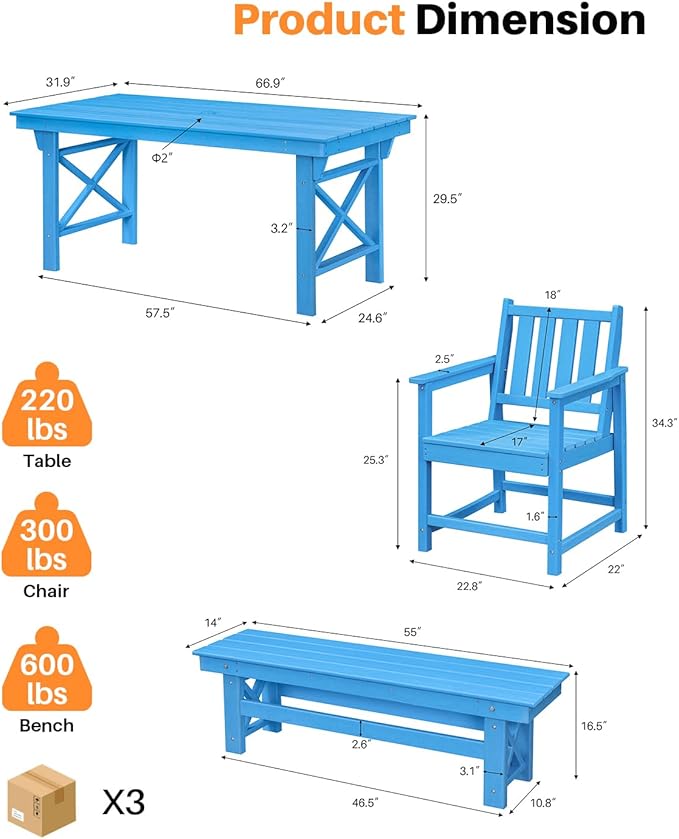 HDPE Outdoor Dining Set of 6, Patio Dining Table Set with 4 Chairs and 1 Bench, 6 Pieces HDPE Dining Set with Umbrella Hole, Outdoor Furniture Sets for Deck, Poolside, Garden, Sky Blue