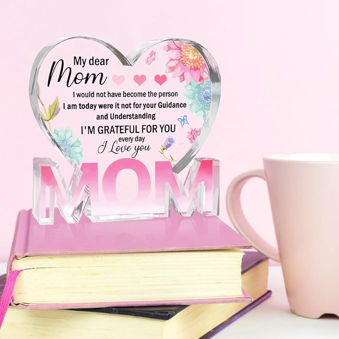Mothers Day Gifts Best Mom Gifts -Gifts for Mom from Daughter Son - Best Mom Ever Gifts Unique Mother Birthday Acrylic Heart-Shaped Plaque Desk Decorations Present for Mom Christmas Anniversary