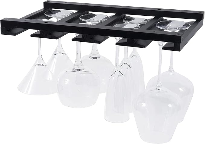 Rustic State Eze 4 Sectional Wood Under Cabinet Wine Glass Holder Wine Glass Rack Hanging Shelf Stemware Bar Organizer - 12 Wine Glass Storage - 10 Inch Deep - Black