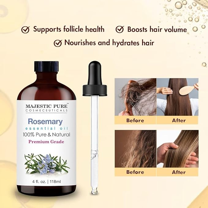 Majestic Pure Rosemary Essential Oil with Glass Dropper - Huge 4 Fl Oz - 100% Pure and Natural Rosemary Oil - Premium Grade Essential Oils for Diffuser, Aromatherapy, Soap and Candle Making