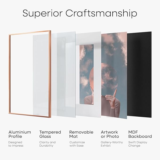 Homeforia 11x11 Rose Gold Picture Frame, High End Metal 11 by 11 Square Frames with Mat 9 x 9 Photo, 11by11 Poster Frame Matted to 9x9 inch Art, Wall Hanging Frames, Tempered Glass, Wall Kit, Set of 1