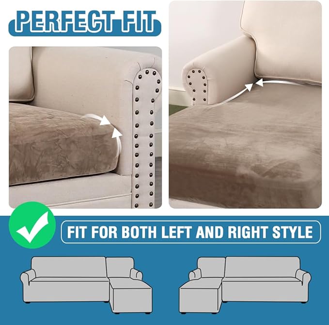 H.VERSAILTEX Velvet Stretch Sectional Couch Covers 3 Pieces Sofa Seat Cushion Covers L Shape Separate Cushion Couch Cover for Both Left/Right Sectional Couch (Large Sofa 2 Seater + 1 Chaise, Taupe)