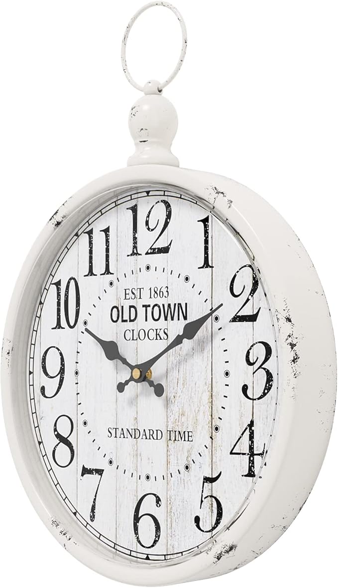 Menterry Retro Round Wall Clock. White Vintage Antique Style. Battery Operated Silent Wall Clocks for Farmhouse,Bathroom,Kitchen,Bedroom,Office, (11.8" H x 9.3" W)