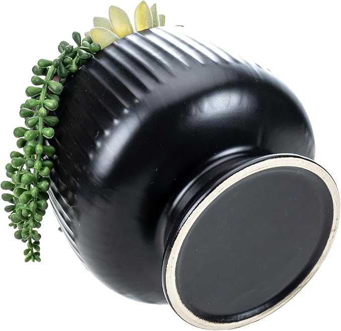 MyGift 8 Inch Modern Green Artificial Succulent Arrangement Potted in Matte Black Fluted Ceramic Round Planter, Decorative Plant Pot with Assorted Faux Mini Succulents