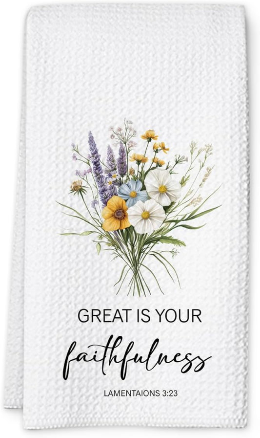 Christian Kitchen Towel, Waffle Weave Microfiber Scripture Hand Towel, Great is Your Faithfulness Bible Verse Farmhouse Decor for Kitchen Bathroom, Inspirational Gift for Women