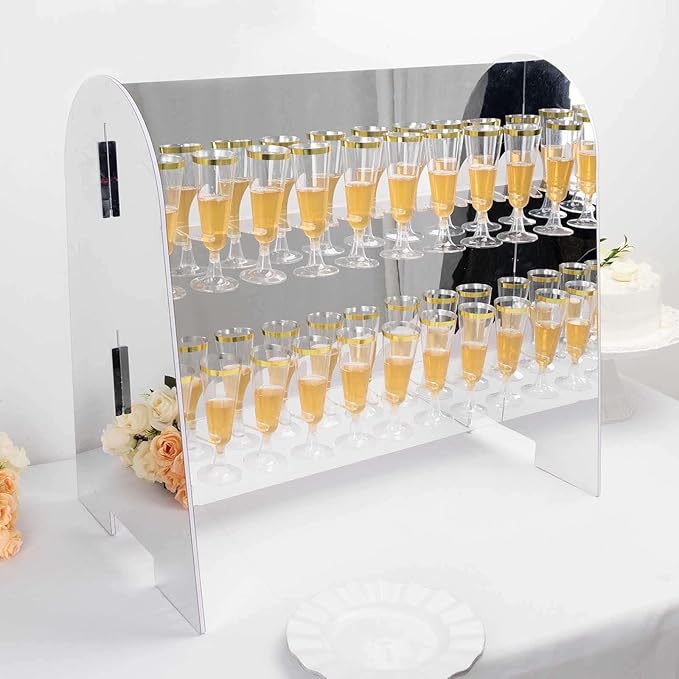 Tableclothsfactory Silver Mirror Finish 2-Tier Wine Glass Stemware Rack, 18 Champagne Flute Holder Foam Board Stand - 25"