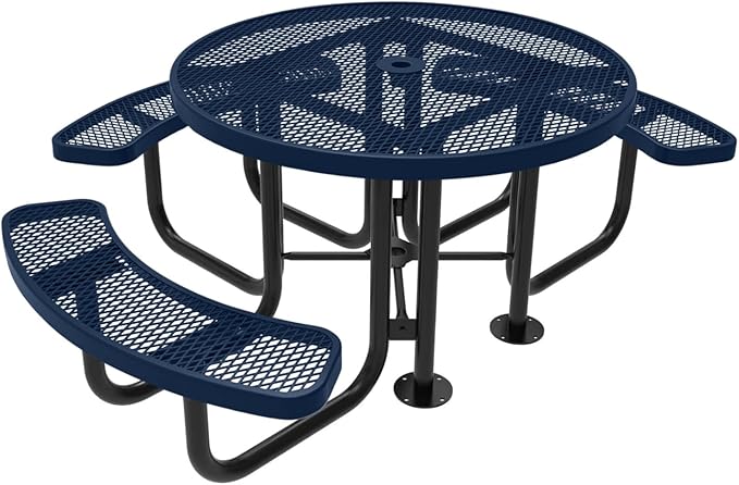 Heavy-Duty Portable Outdoor Picnic Table with Umbrella Hole, Expanded Metal Patio Dining Furniture Made in America (46" Round Top, Textured Dark Blue)