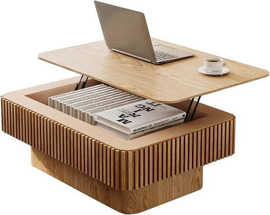 Lift Top Coffee Table with Storage, Solid Wood Coffee Table with Adjustable Height, Fluted Center Table Accent Tea Table for Living Room, Apartment, Office (38.6" Natuall)