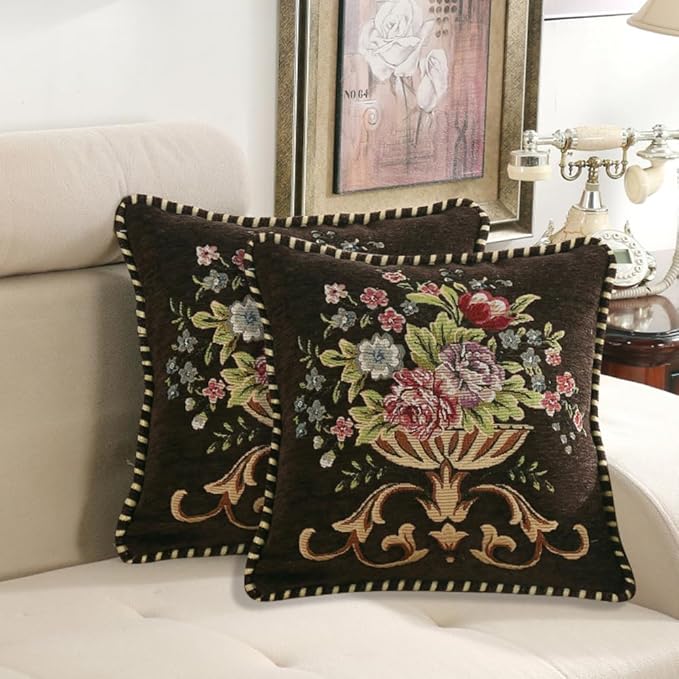 Set of 2 Brown Vintage Embroidered Throw Pillow Covers 18x18in，Floral Embroidered Cushion Cover for Sofa Couch Bed Burgandies Pillow Cover Brown