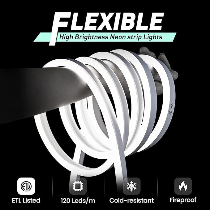 GZBtech Flexible LED Neon Rope Lights 16.4FT,AC 110-120V Waterproof Strip Light, 120 LEDs/M Cuttable Connectable Neon Lighting for Indoor Outdoor Home Decor/Commercial Building Use-Cold White 5M