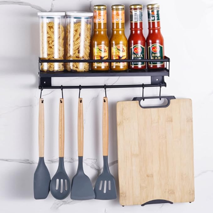 Wall Mount Storage Holder，Stainless Steel Strong Shelf with 6 Removable Hooks, Spice Rack Organizer，Kitchen Organizer Shelf, Space Saving Spice Rack and Kitchen Storage (black)