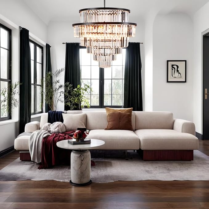 Luxury 6-Tier Round K9 Crystal Chandelier, Black Finish 26 Inch Diam Ceiling Light, Classic Elegant Chandelier with Crystal Piece, Lighting Fixture for Hallway, Bedroom, Living Room