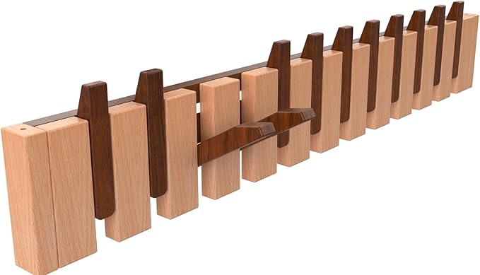 Wall Mounted Piano Key Hanger | Flip Style Hook | Entrance Wall Art Hook, Made of Oak Wood (3 Times Painted, 4 Times Polished) (Walnut-Beech, 12Hooks)