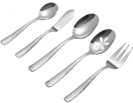 Stainless Steel Silverware Serving Set Hammered Silver Mirror Finished 5 Piece Serving Utensil Set Flatware Set