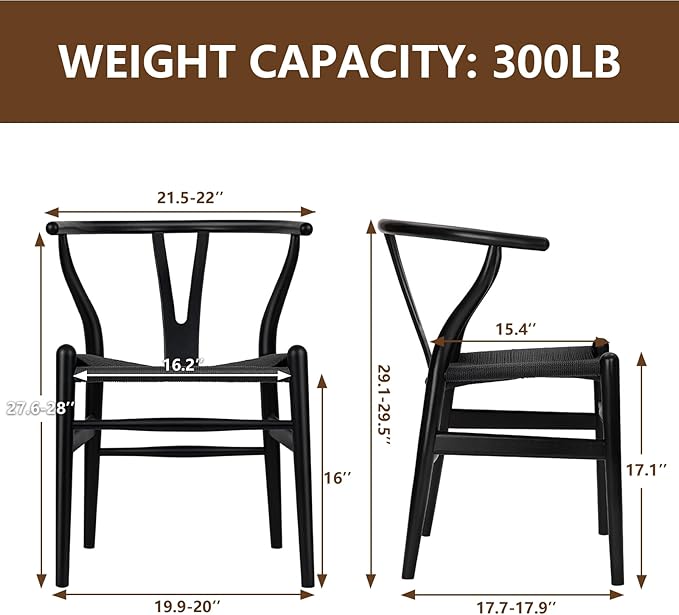 Wishbone Chair Natural Solid Wood Dining Chair/Hans Vegner Y Chair Rattan and Wood Accent Armrest Chairs Set of 2 (Ash Wood - Black)